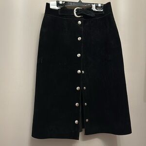 Vintage Soft Suede Dark Black Snaps Belted High Waisted Funky Chic Midi Skirt